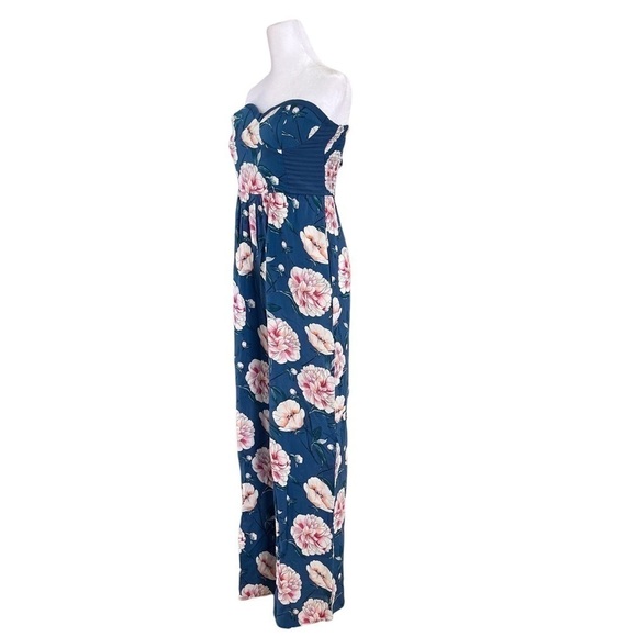 Band of Gypsies Teal Floral Strapless Bustier Jumpsuit Size Small - Picture 2 of 5